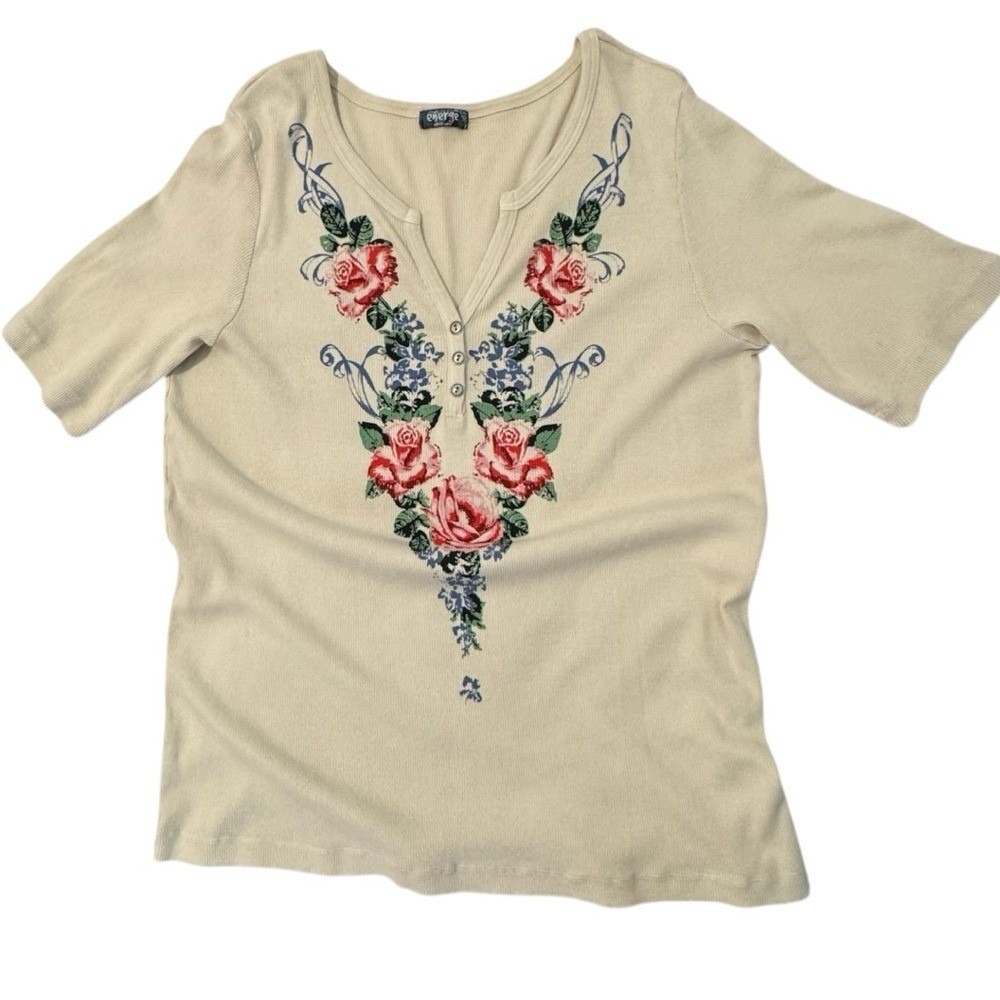 Energie World Wear Y2K Floral Ribbed Henley Top Cream 1X - Picture 2 of 5